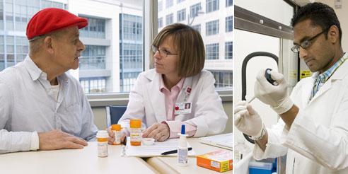 two examples of pharmacists working: patient counseling and in a laboratory