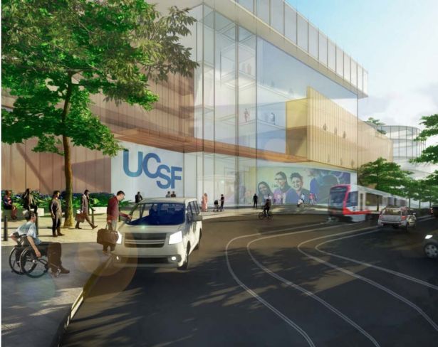 An architectural rendering of the Irving Street campus entrance.