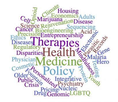 Word cloud: therapies, health, medicine, policy