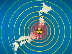 radiation symbol with radiating circles on top of a map of Japan