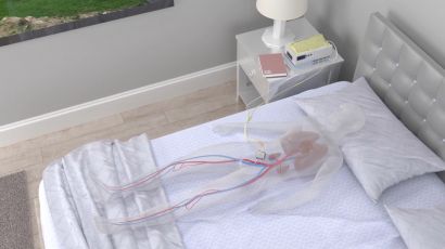 Cartoon of patient using iHemo home dialysis system