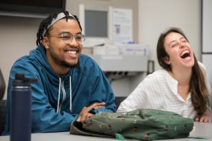 students laughing in class