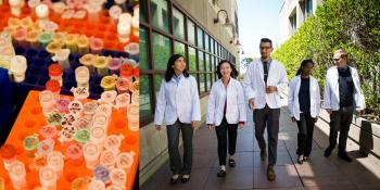 students wearing white coats and walking