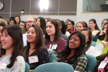 Students listen to a panel on becoming a pharmacist